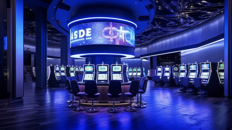 Mesin slot digital berwarna-warni dengan tema hiburan unik